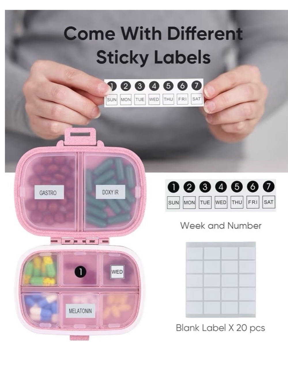 Pink Daily Pill Organizer with Removable Labels